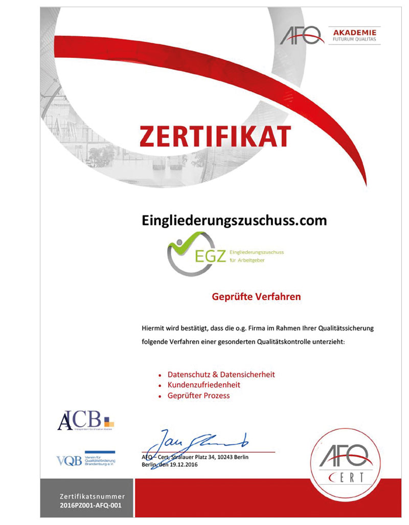 Zertifikat AFQ-Cert Geprüfte Verfahren
